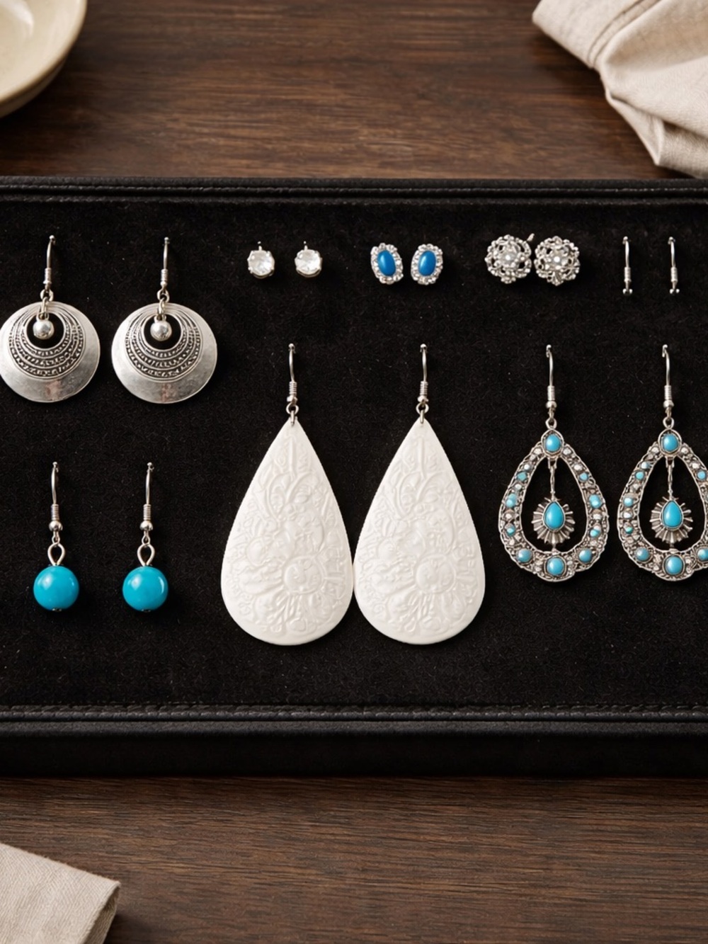 White Teardrop Embossed Dangle Earrings — Women's Boho Jewelry